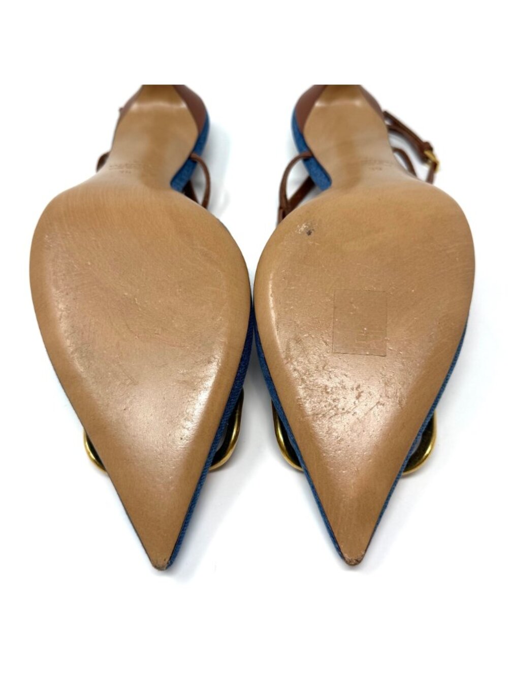 VALENTINO Garavani V Logo Gold & Denim Selleria Slingback Pumps Sz 39 - Picture 7 of 11